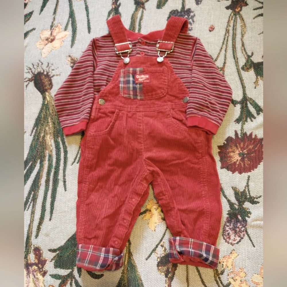 Vintage 2T OshKosh B'gosh red corduroy overalls and matching long sleeve